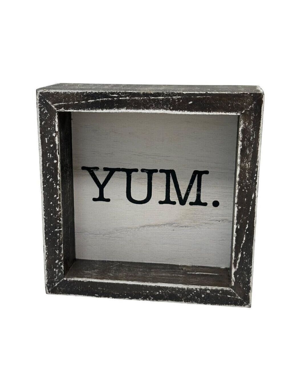 Rustic Yum Block Sign 5in Free Standing Distressed White Brown Kitchen Decor